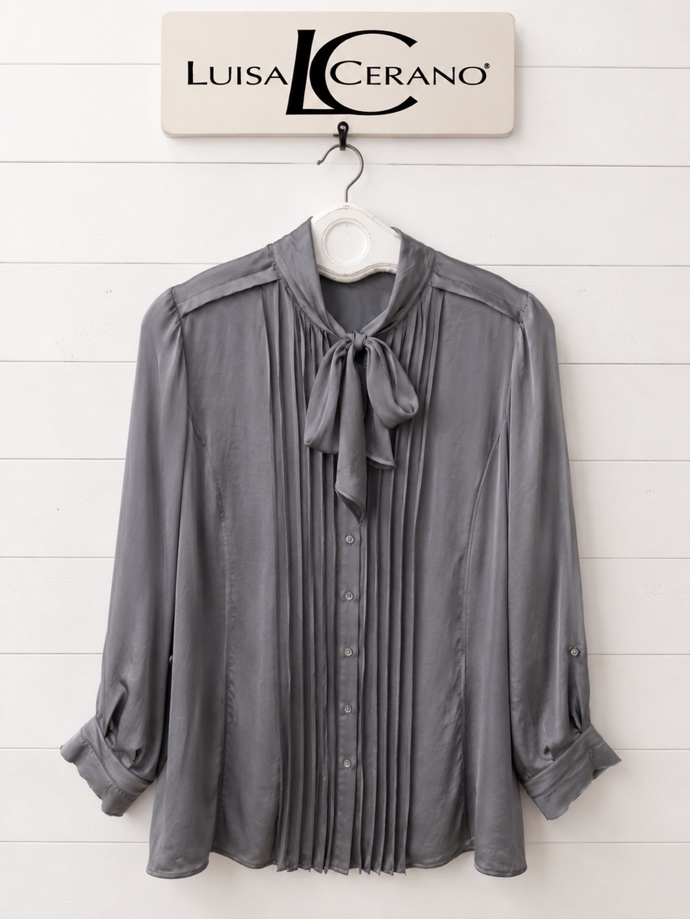 LUISA CERANO Gray Satin Tie-Neck Blouse Size 10